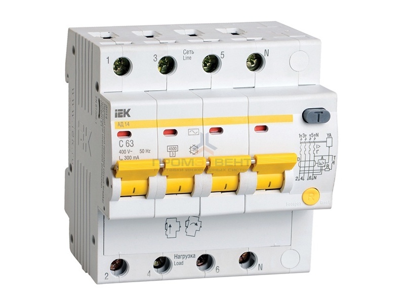 Дифференциальный автомат АД14 4Р 63А 300мА ИЭК