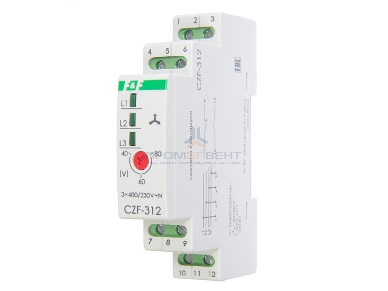 Реле контроля наличия, асимметрии фаз CZF-312 асимметрия 40-80В, задержка откл. 0,3 с, 1NO, 1NC